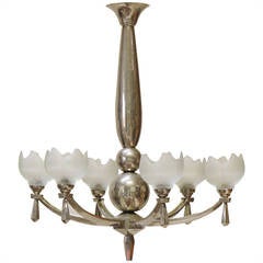 French Art Deco Nickeled Chandelier with Glass Shades, circa 1940s 11