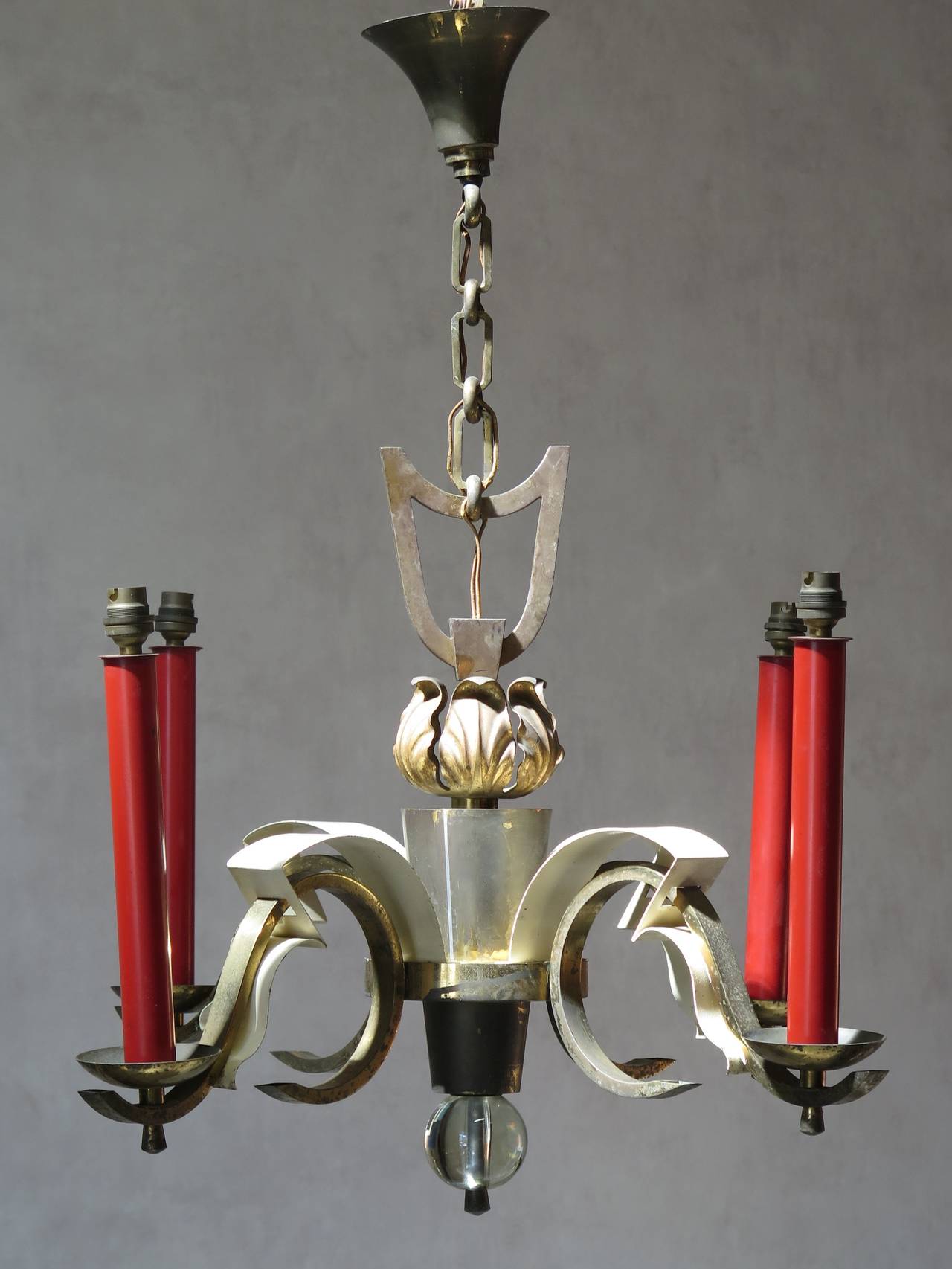 French Art Deco Chandelier with Glass Finial, France, 1940s For Sale