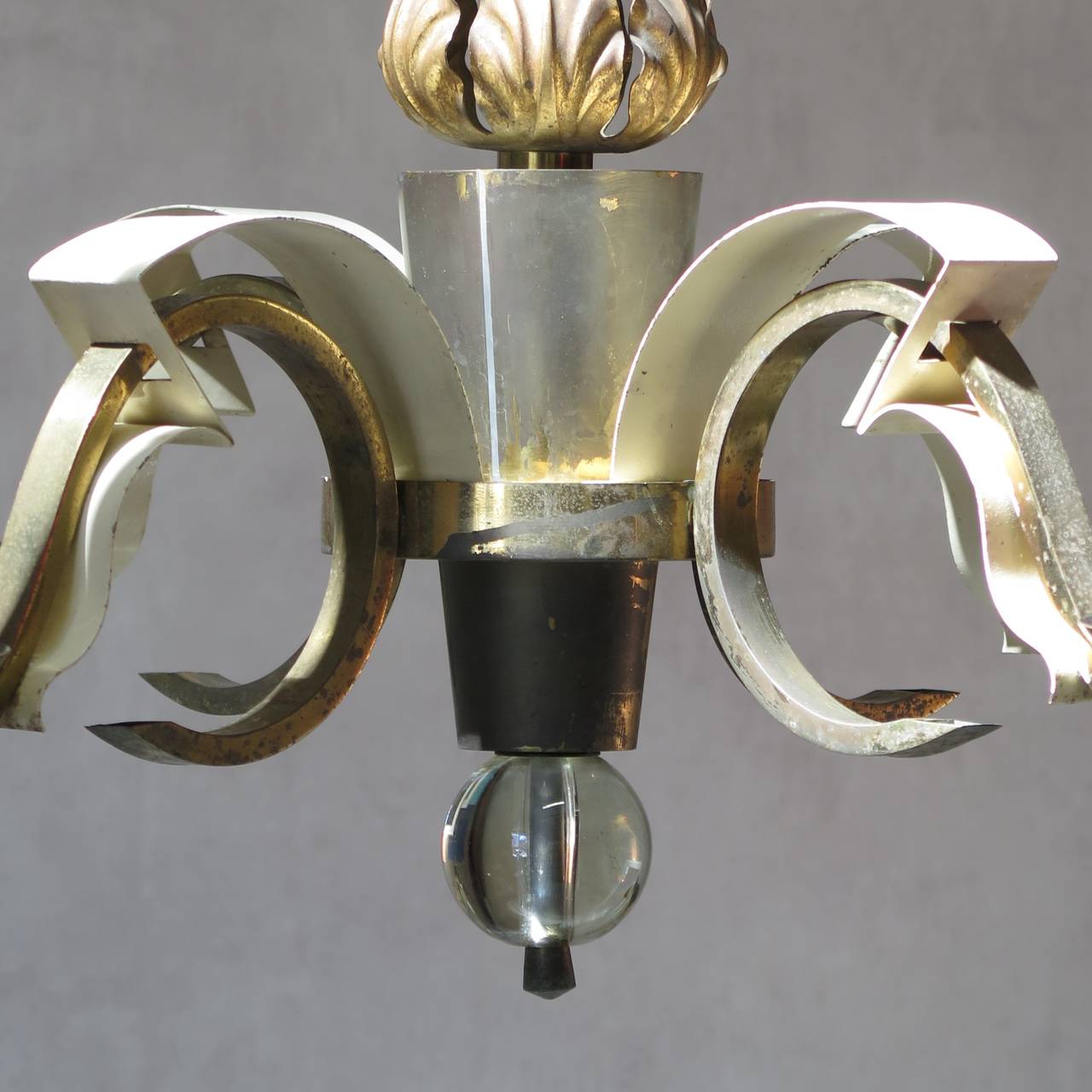 20th Century Art Deco Chandelier with Glass Finial, France, 1940s For Sale