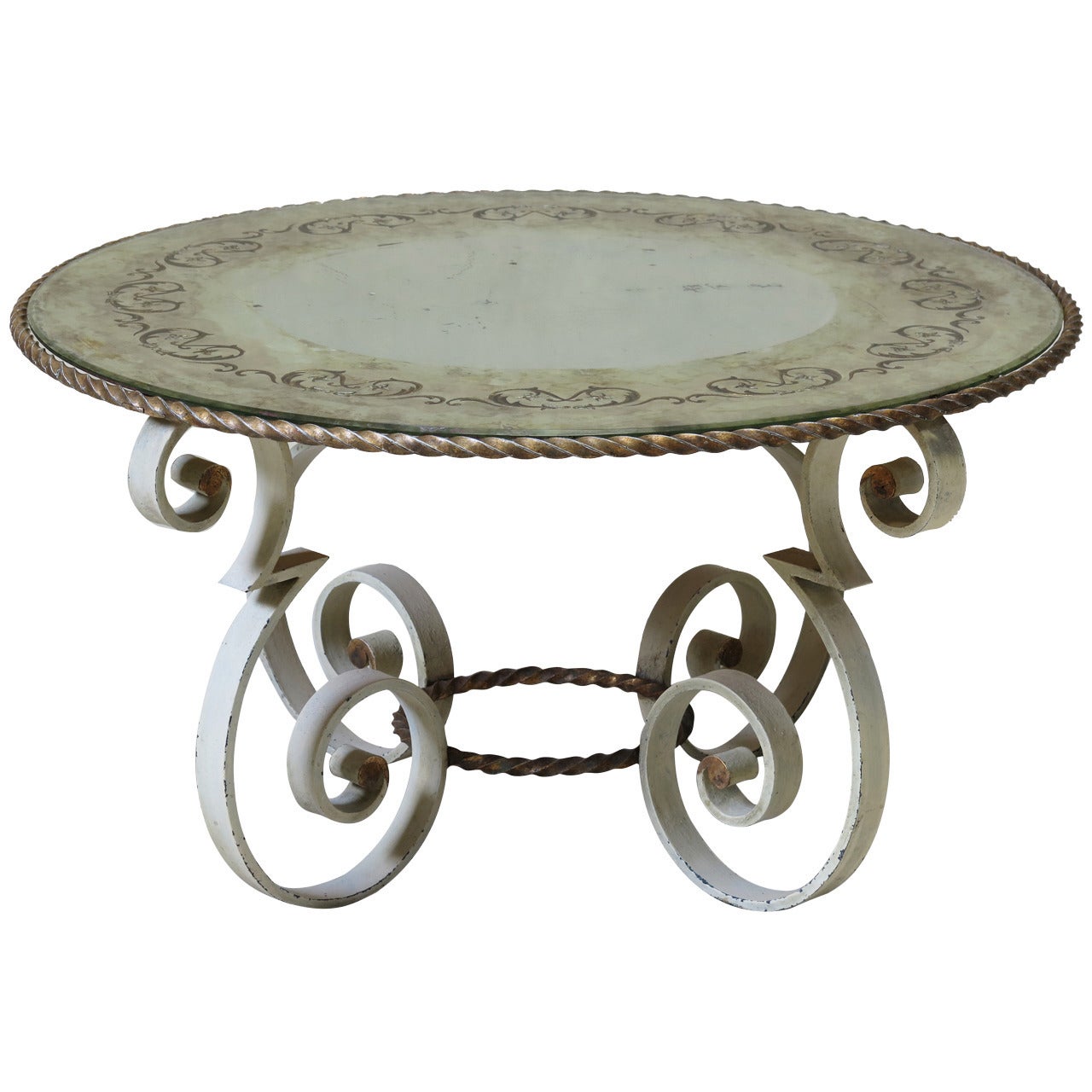 Wrought Iron Coffee Table with Eglomisé Mirror Top, France 1940s