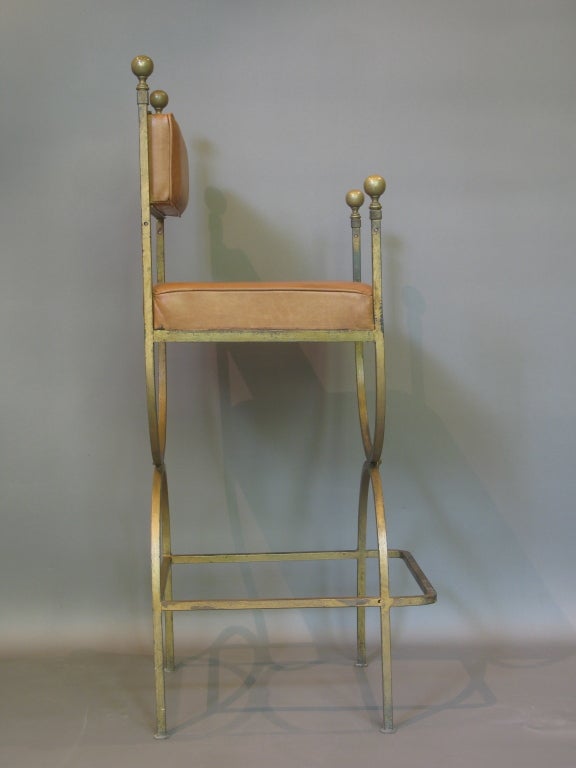 French High Gilt Iron and Leather Curule Chair For Sale