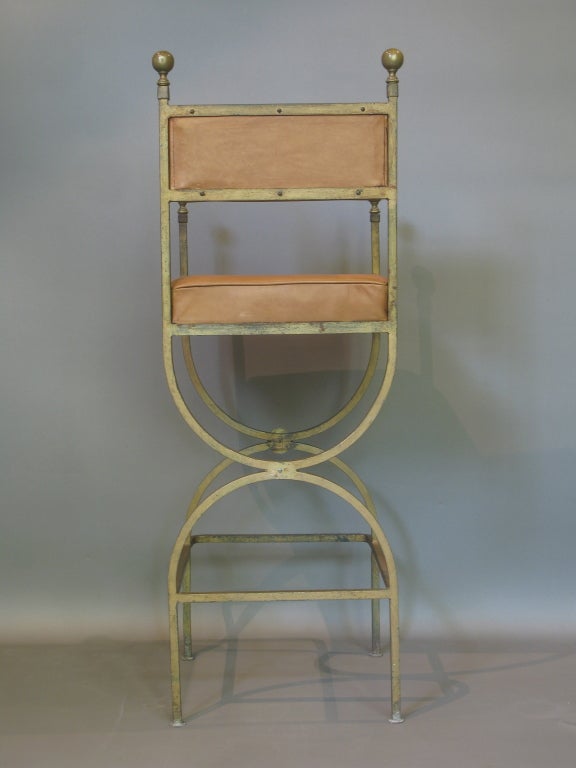 20th Century High Gilt Iron and Leather Curule Chair For Sale