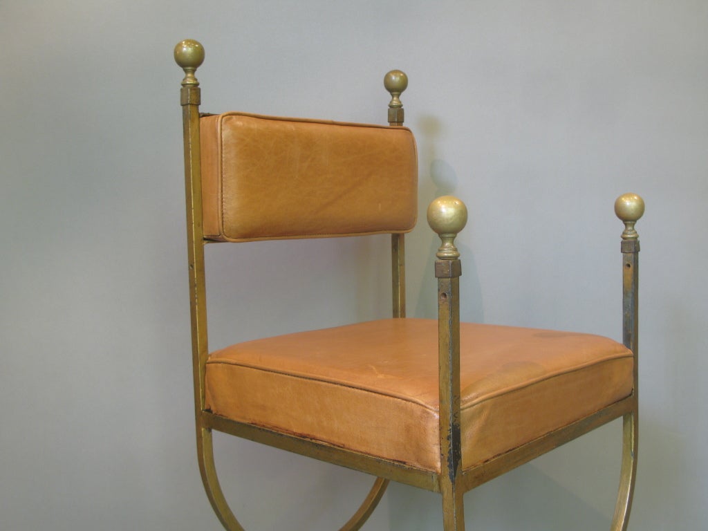 High Gilt Iron and Leather Curule Chair For Sale 1