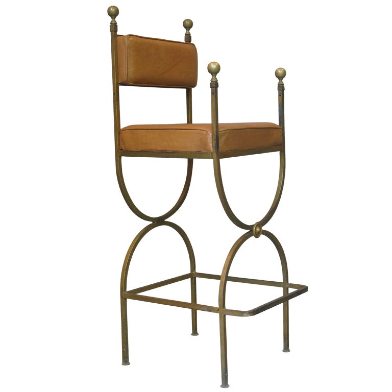 High Gilt Iron and Leather Curule Chair For Sale