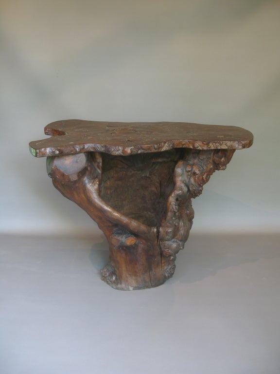 Hollow burl root base. Top: horizontal slice of trunk.

Nice, glossy rich patina.