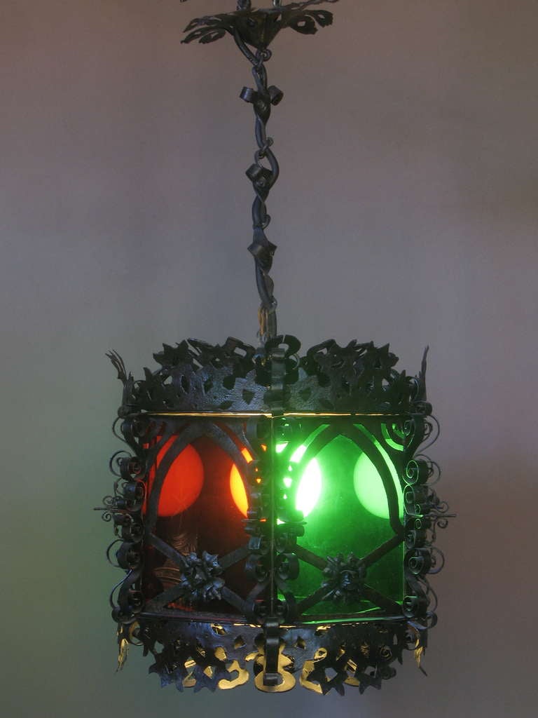 Wrought Iron Lantern with Coloured Glass For Sale 4