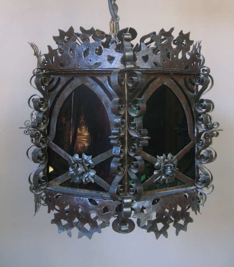 20th Century Wrought Iron Lantern with Coloured Glass For Sale