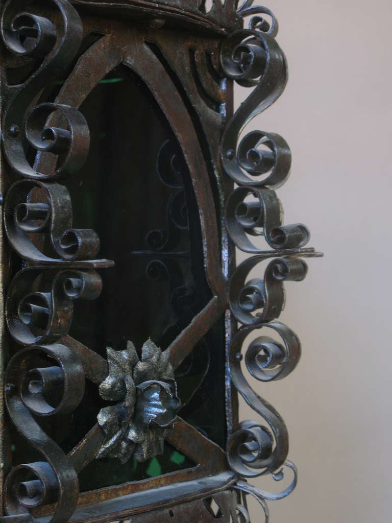 Wrought Iron Lantern with Coloured Glass For Sale 1