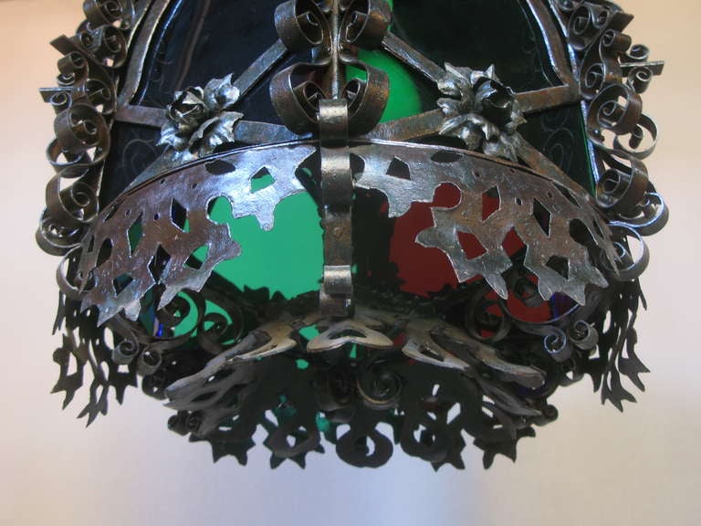 Wrought Iron Lantern with Coloured Glass For Sale 3