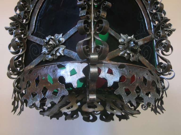 Wrought Iron Lantern with Coloured Glass For Sale 2