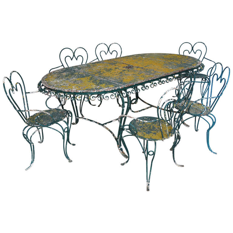 Oblong Iron Table & 6 Armchairs - France, 1950s