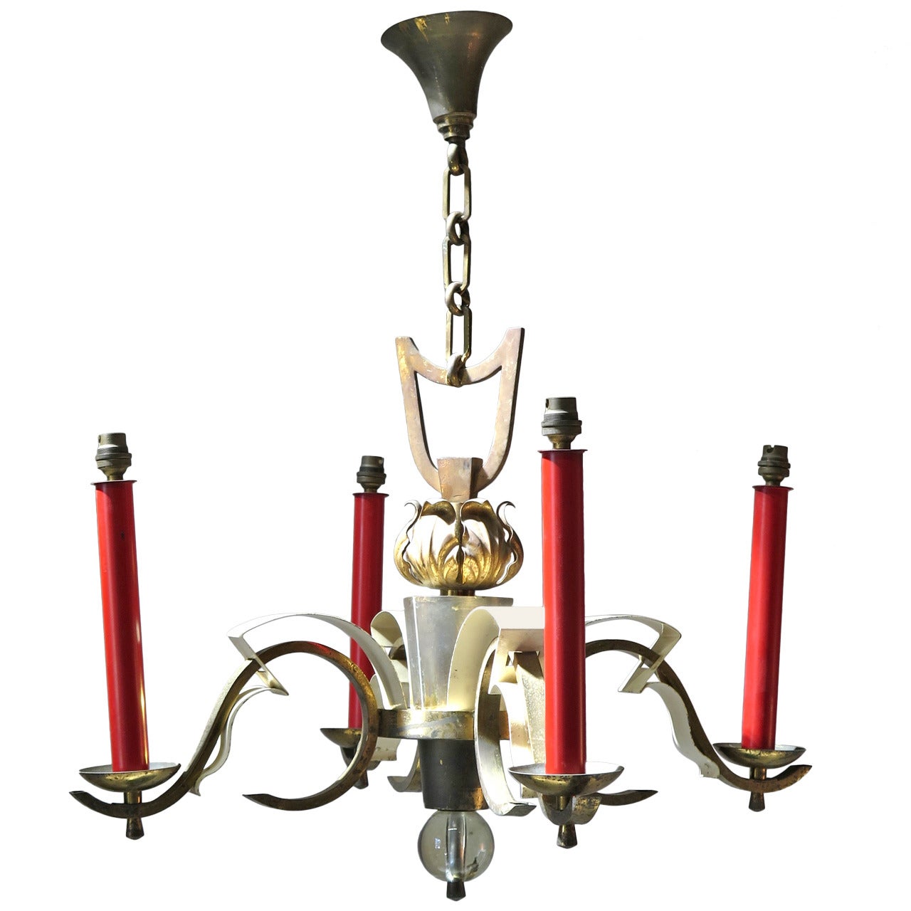 Art Deco Chandelier with Glass Finial, France, 1940s For Sale