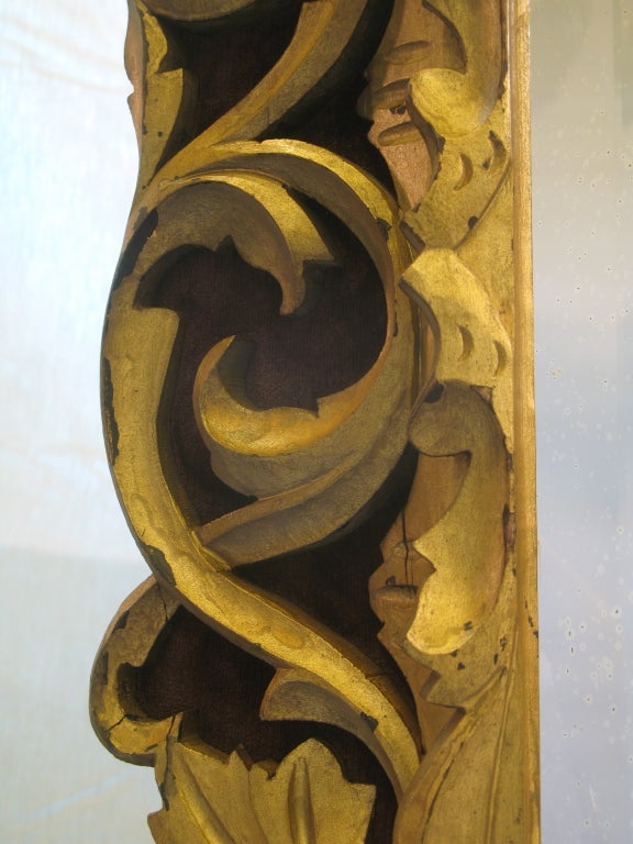 19th Century French Hand Carved Gilt Oak and Velvet Mirror