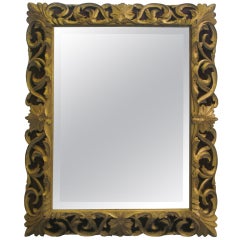 Antique 19th Century French Hand Carved Gilt Oak and Velvet Mirror
