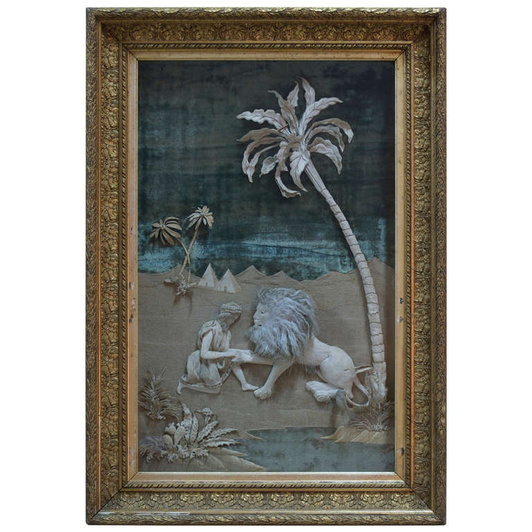Napoleon III Picture "St Jerome and the Lion" in Fabric - France, 19th Century For Sale