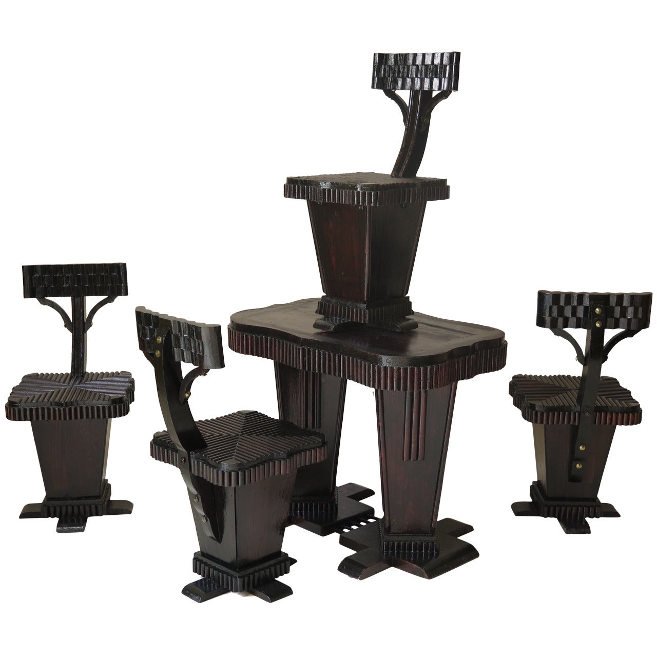 Geometric-Patterned Art Deco Table and Chair Set, France, 1930s