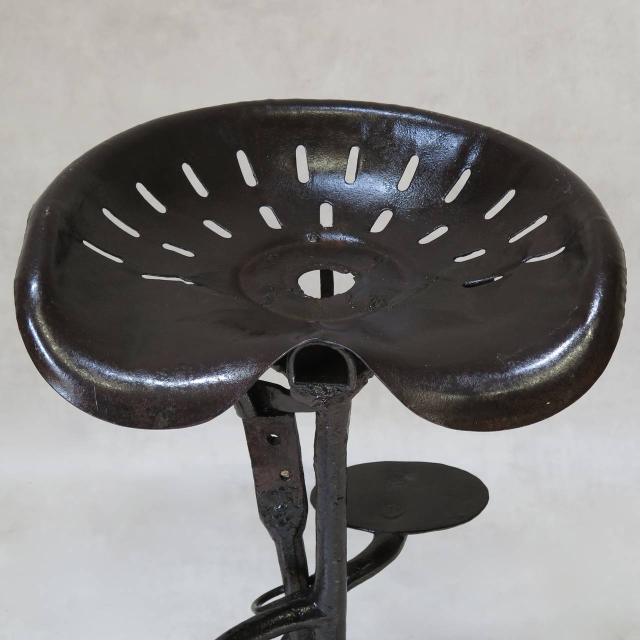 20th Century Folk Art Wrought Iron Stool with Tractor Parts, France, circa 1950s For Sale