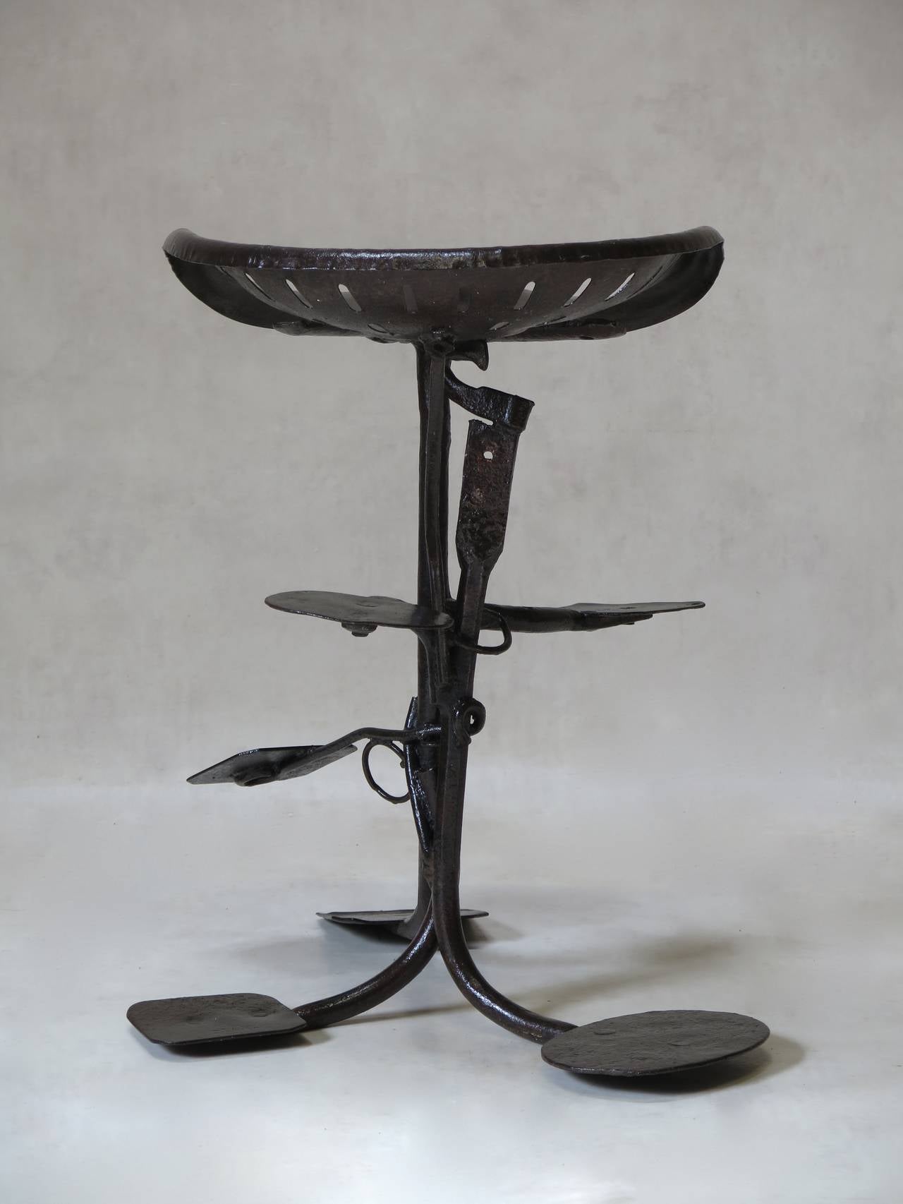 French Folk Art Wrought Iron Stool with Tractor Parts, France, circa 1950s For Sale