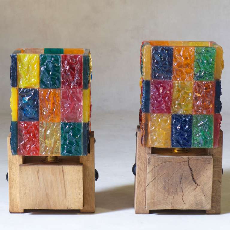 Mid-Century Modern Pair of Colourful Resin & Wood Lamps, France, 1960s
