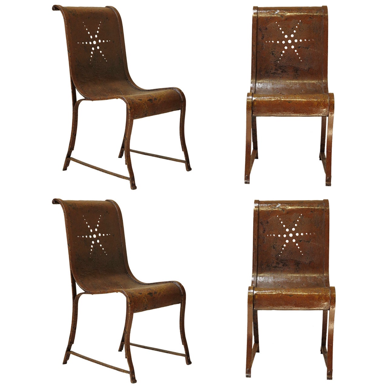 Rare Set of Four Wrought Iron Chairs with Star Design, France, circa 1920s