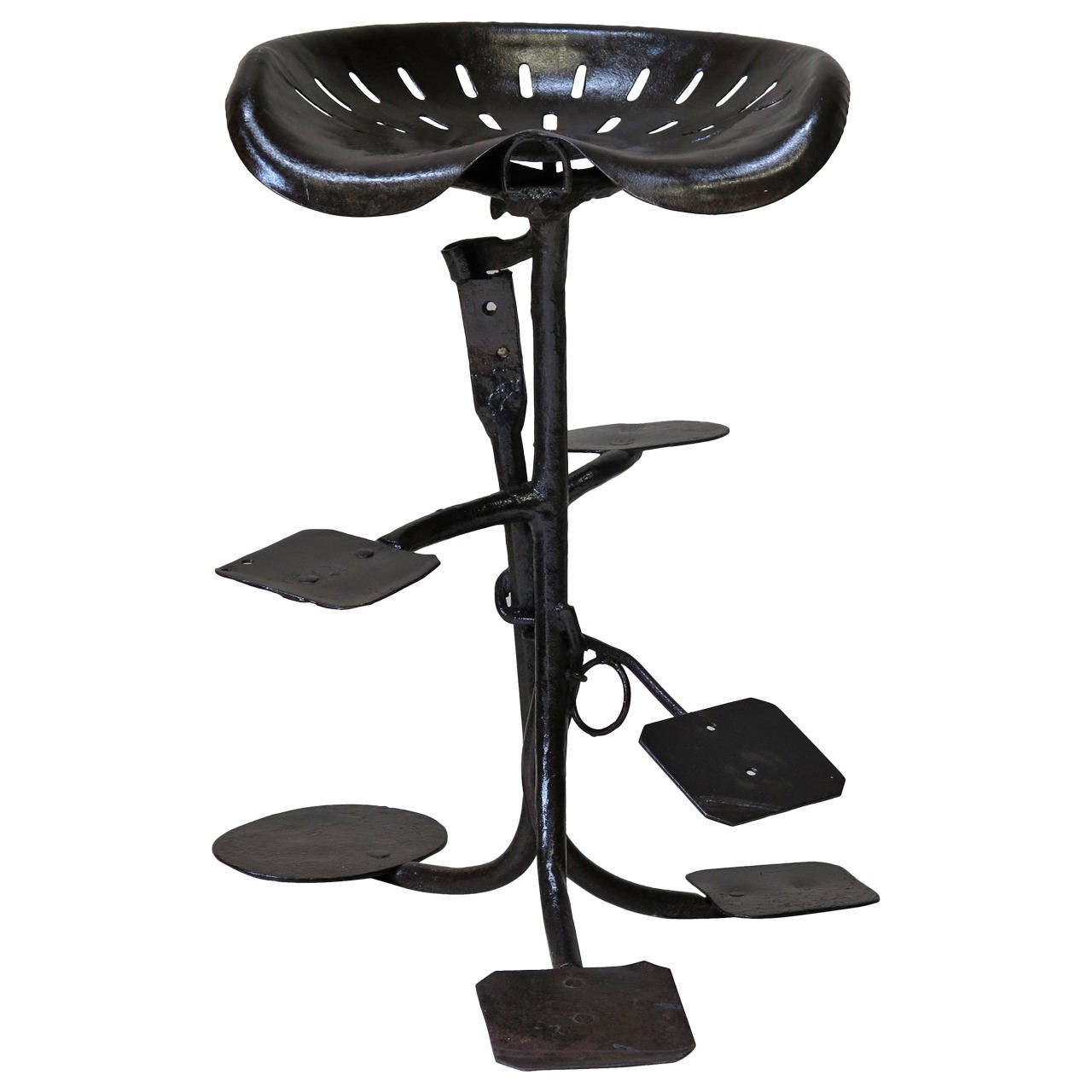 Folk Art Wrought Iron Stool with Tractor Parts, France, circa 1950s