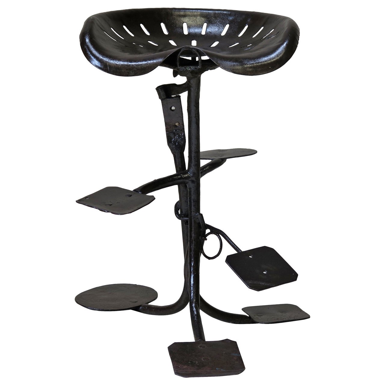 Folk Art Wrought Iron Stool with Tractor Parts, France, circa 1950s For Sale