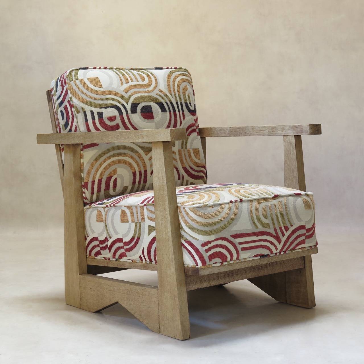 French Pair of Art Deco Brushed Oak Armchairs, France, 1930s