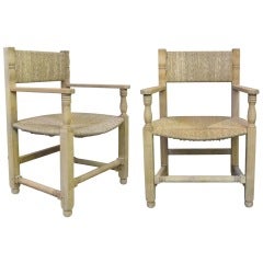 Pair of Wood and Rush Armchairs in the Manner of JC Moreux