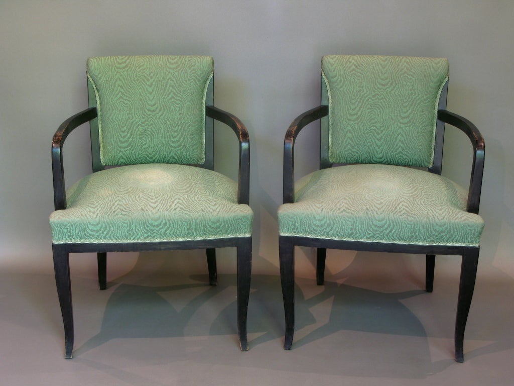 Wide and deep pair of armchairs of generous proportionss, upholstered with original faux-bois light green fabric.