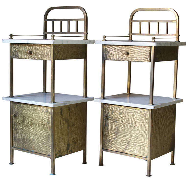Chic Pair of Hammered Iron and Marble Bedside Tables, France, 1940s at