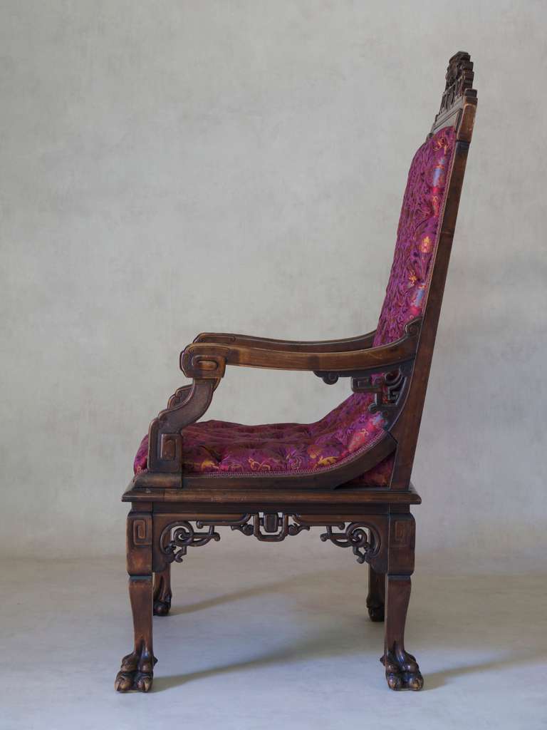 Japonisme Carved & Tufted Orientalist Armchair Attrib. to G. Viardot - France, 19th C For Sale