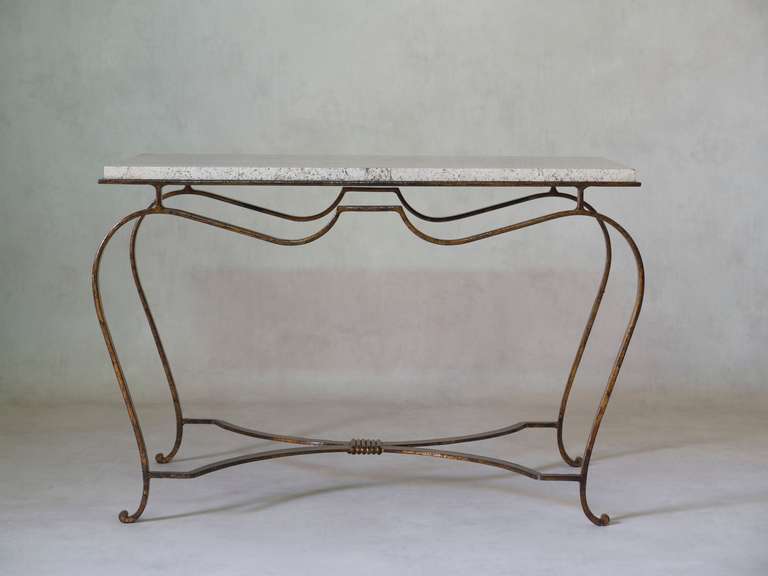 Art Deco Gilt Wrought-Iron & Travertine Coffee Table, France, 1940s For Sale