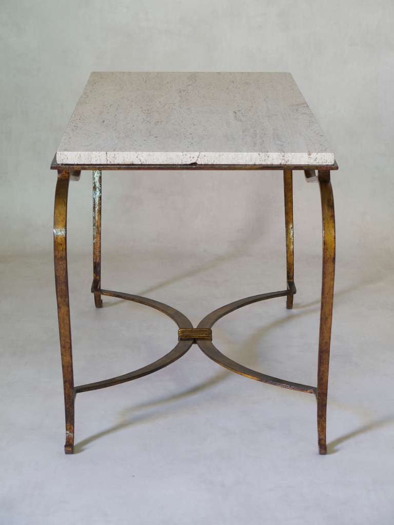 Gilt Wrought-Iron & Travertine Coffee Table, France, 1940s In Excellent Condition For Sale In Isle Sur La Sorgue, Vaucluse