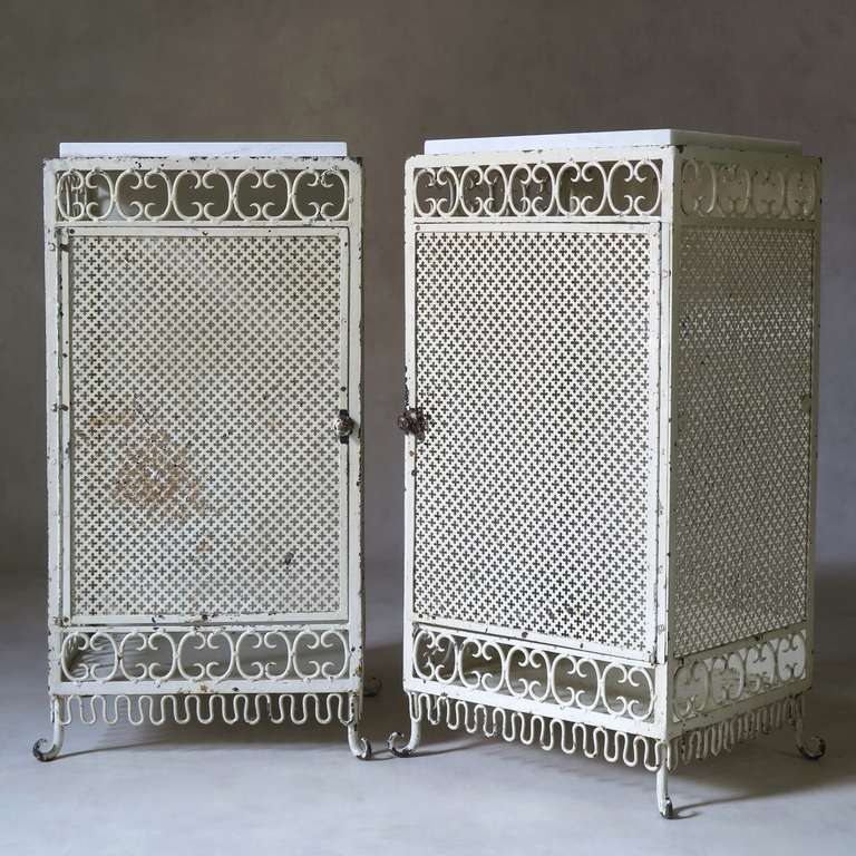 Pair of Painted Iron and Marble Top Bedside Tables, France, 1950s