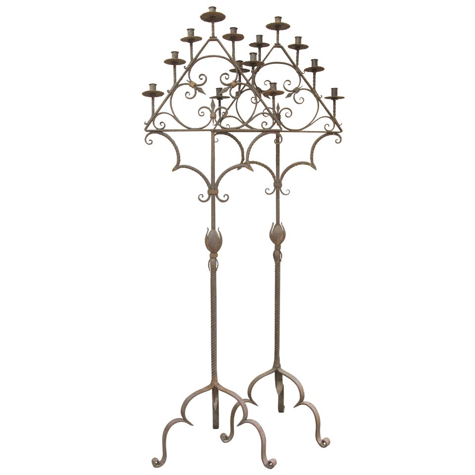 Pair French 19th Century Wrought Iron Candle Holders For Sale