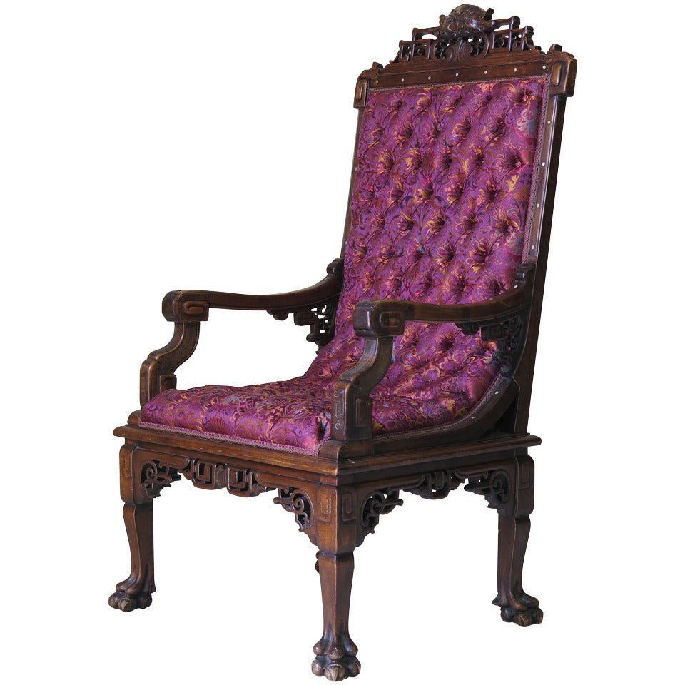 Carved & Tufted Orientalist Armchair Attrib. to G. Viardot - France, 19th C For Sale