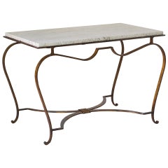 Gilt Wrought-Iron & Travertine Coffee Table, France, 1940s