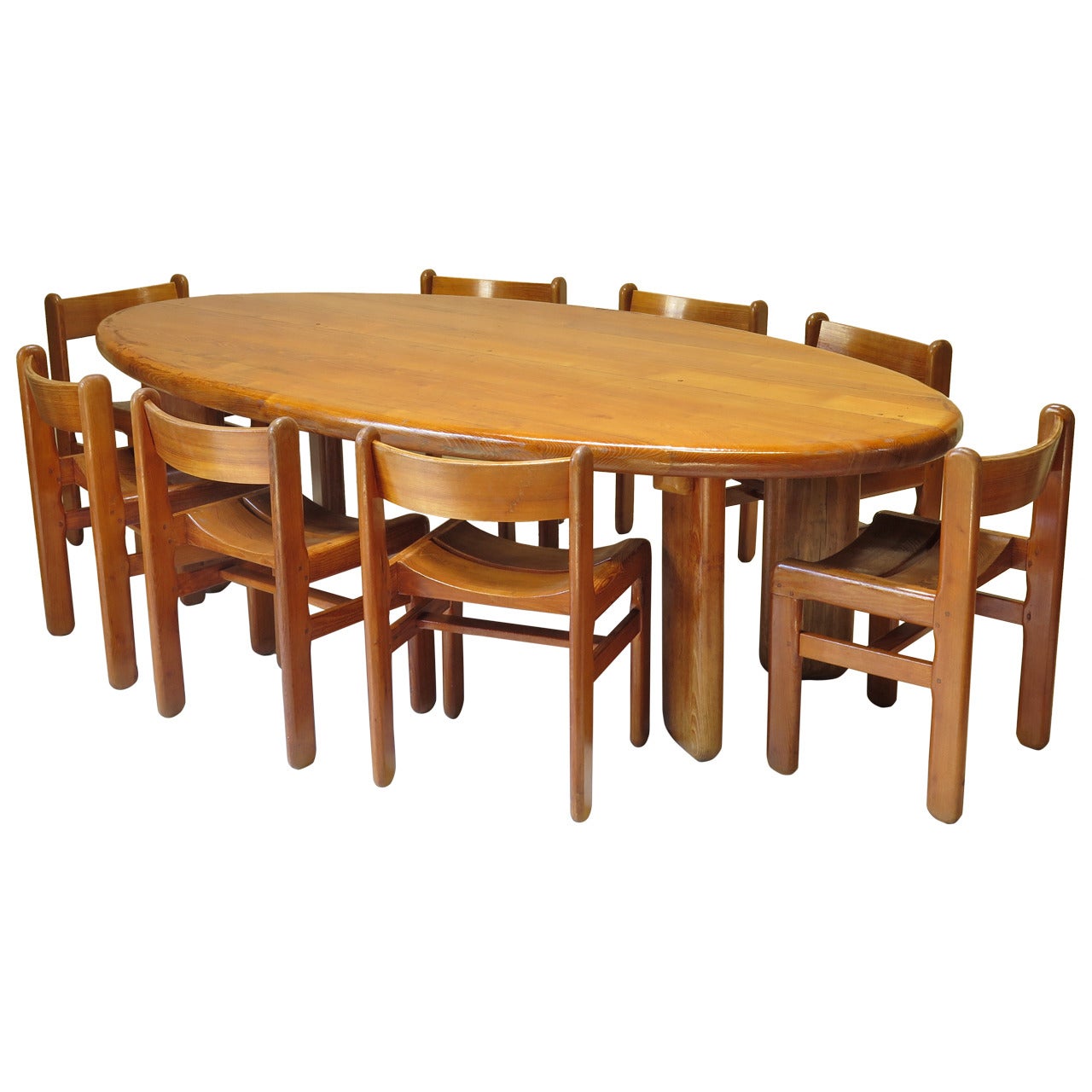 Large Oval Elmwood Table and Eight Chairs, France, 1950s