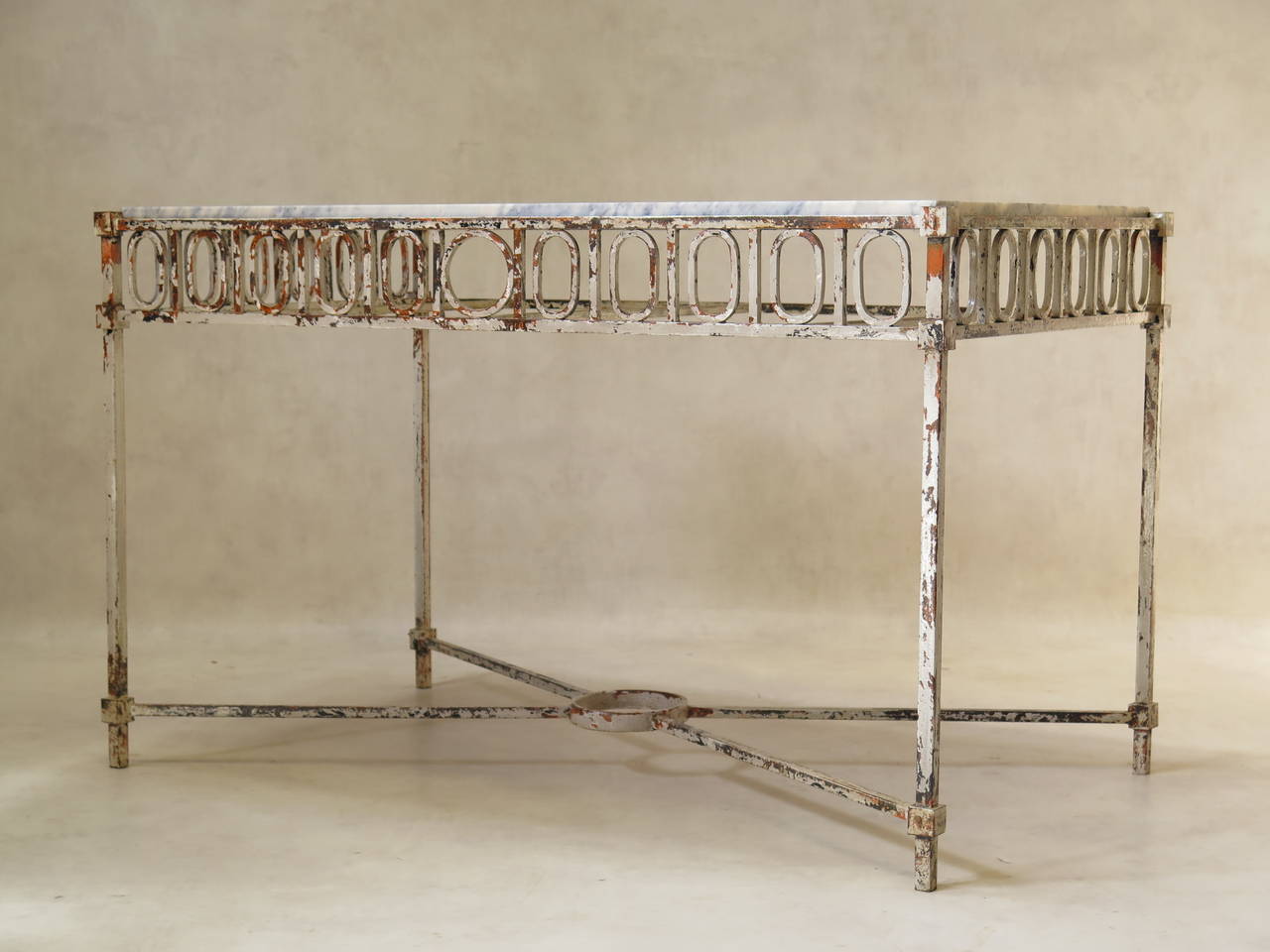 French Chic Wrought Iron and Marble Console Table, France, 1940s