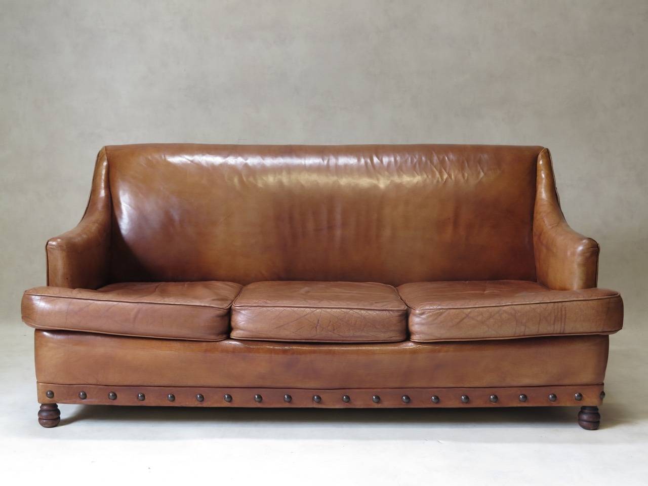French Leather Sofa and Two Armchairs, France, circa 1960s