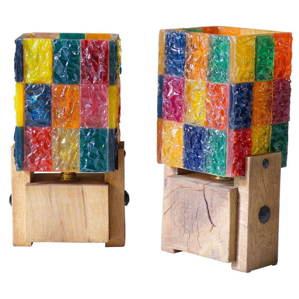 Pair of Colourful Resin & Wood Lamps, France, 1960s