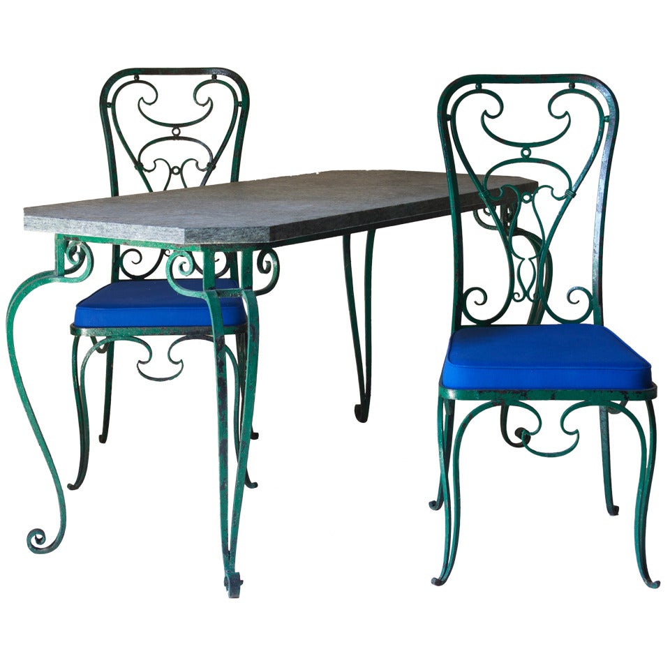 Wrought-Iron Set of Two Chairs and Table, France, 1940s