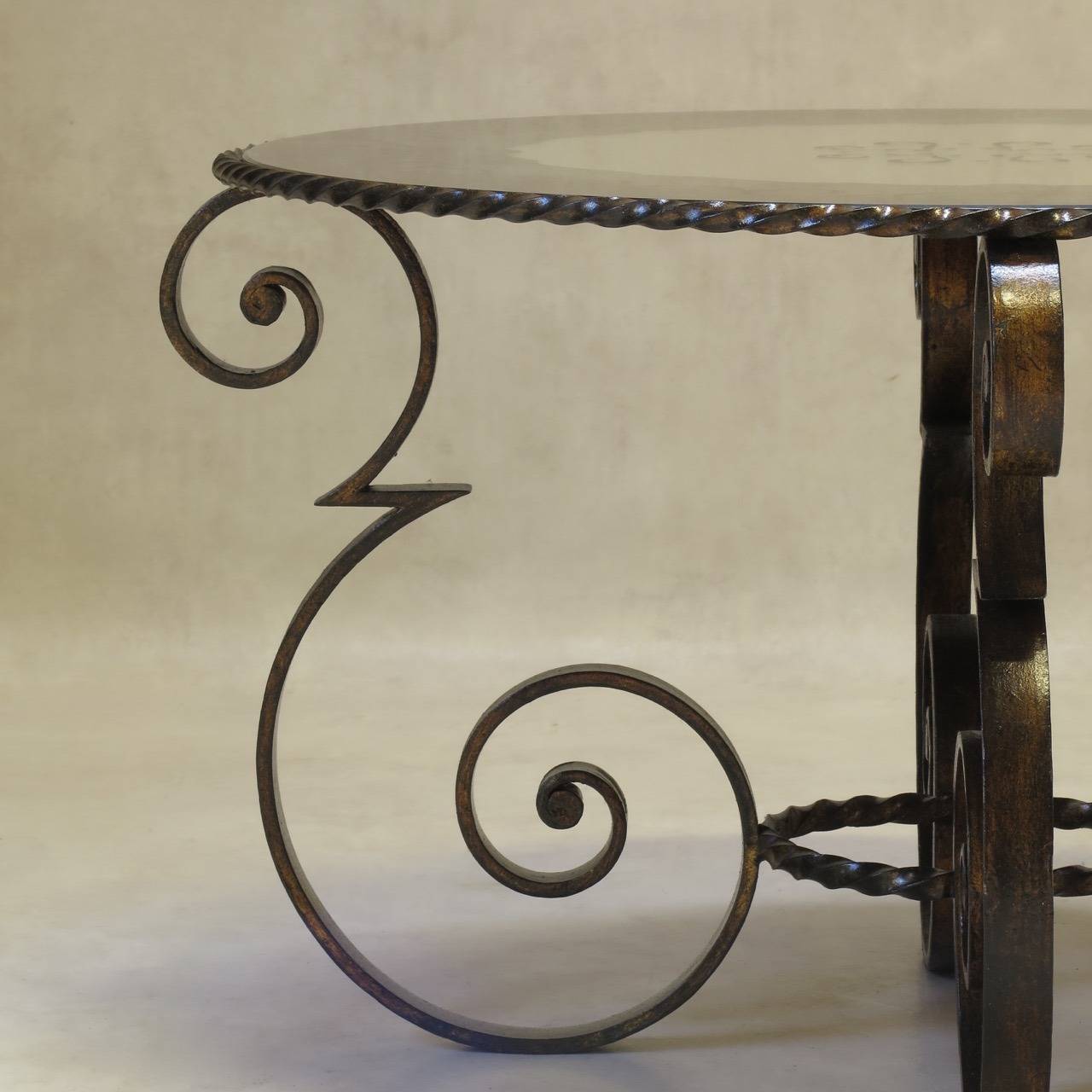 Art Deco Wrought Iron Coffee Table with Eglomisé Mirror Top, France 1940s For Sale