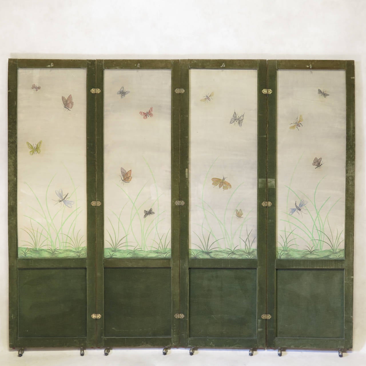 Four-Panel Screen with Painted Birds and Butterflies, France Early 1900s 2