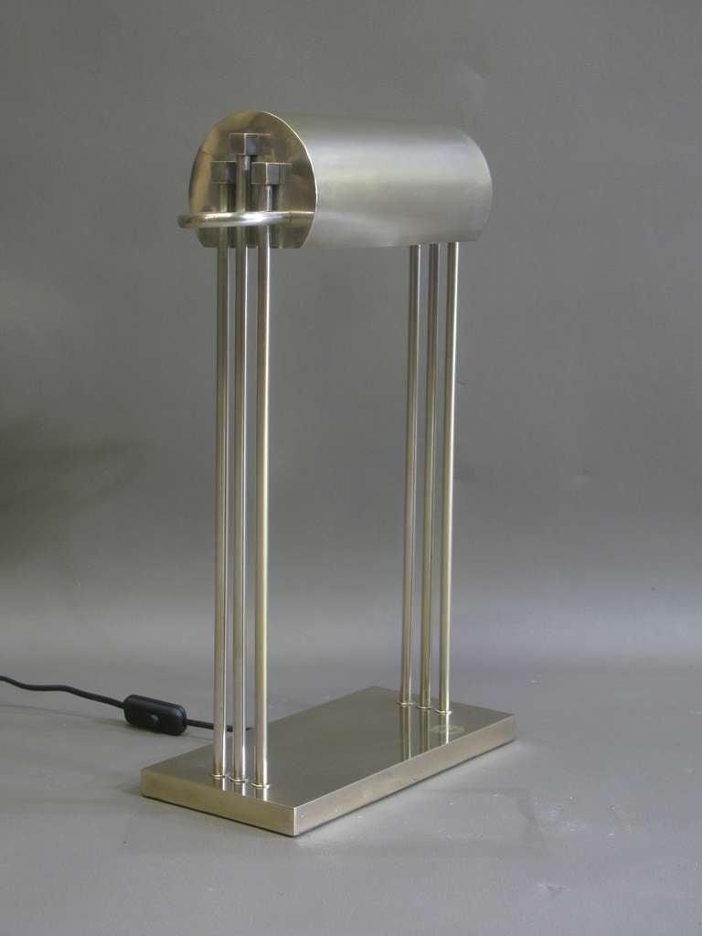 Wonderful desk lamp with beautiful, simple lines, in the Art Deco taste. Nickel-plated brass. Stamped 