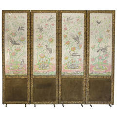 Antique Four-Panel Screen with Painted Birds and Butterflies, France Early 1900s