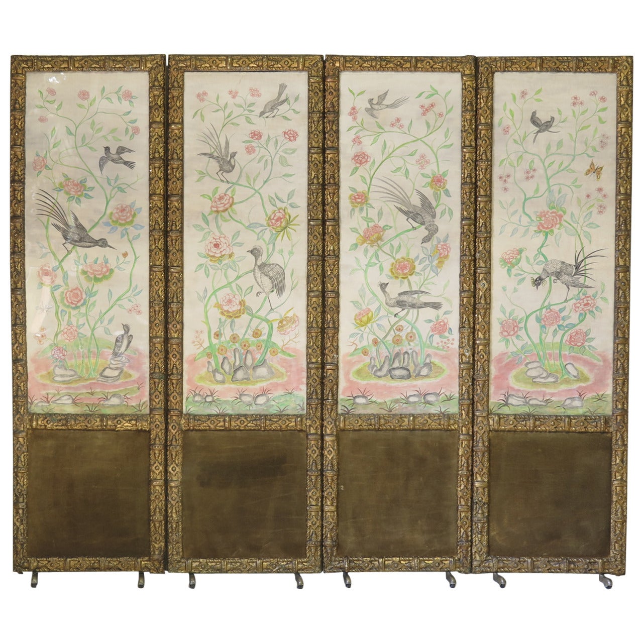 Four-Panel Screen with Painted Birds and Butterflies, France Early 1900s