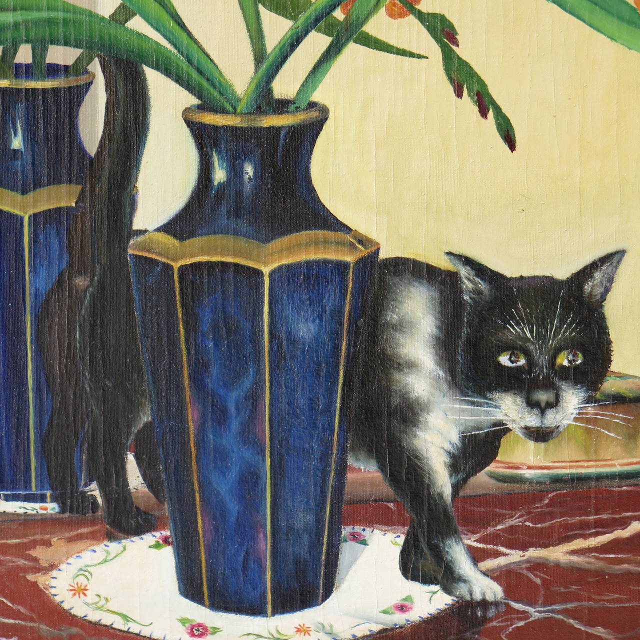 italien Peinture à l'huile sur toile « Chat et Glaieuls », Italie, 1958 en vente