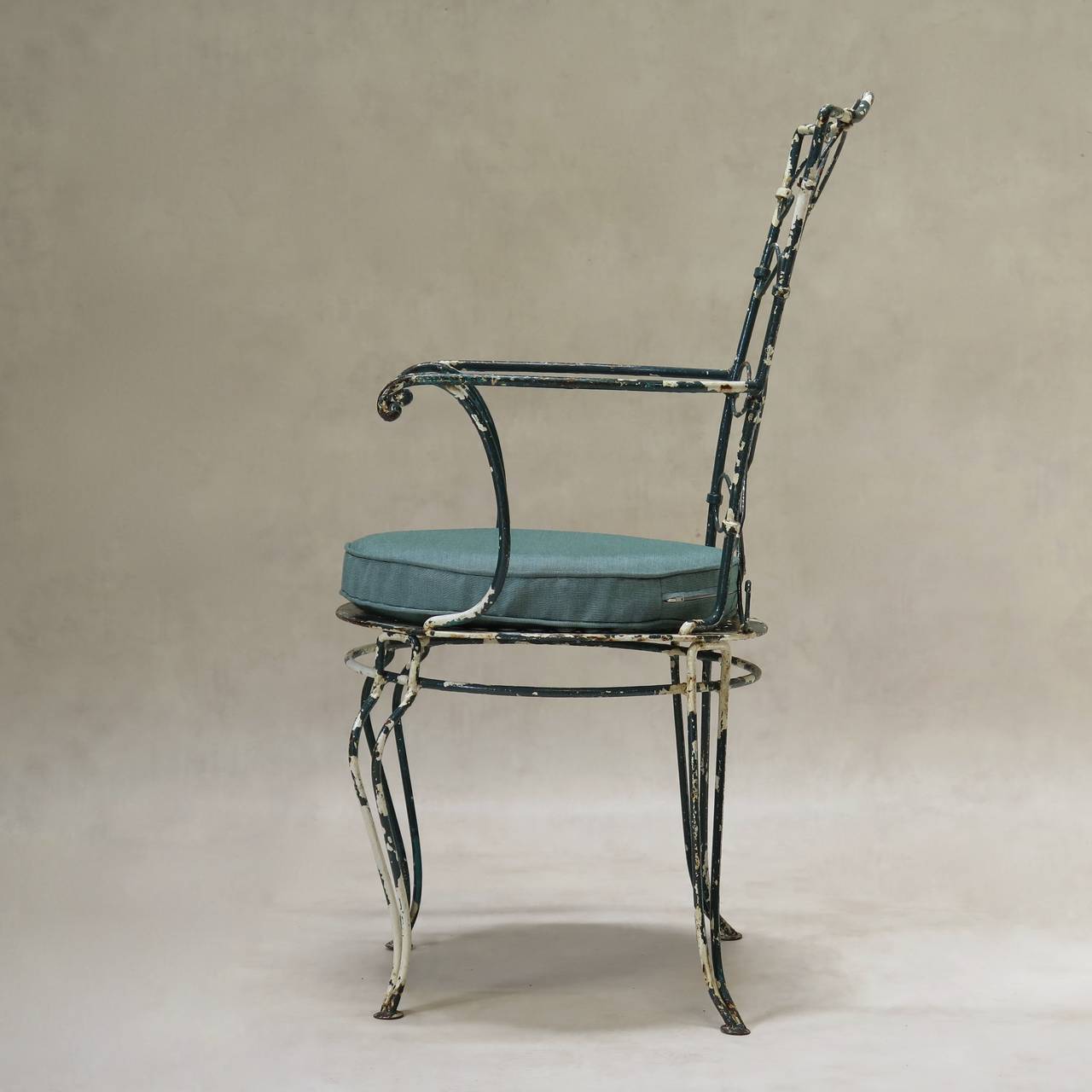 French Set of Four Green-Painted Iron Garden Chairs, France, 1940s