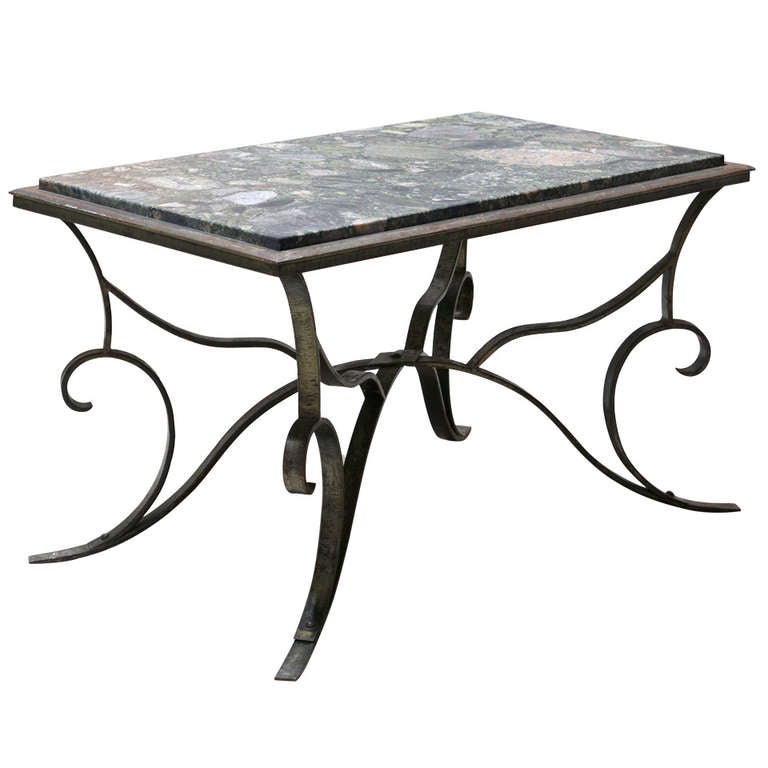 Art Deco Hammered Iron and Marble Coffee Table, France, 1930s